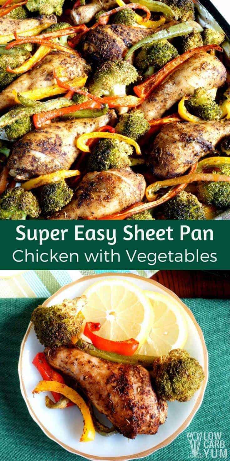 For a great weeknight dinner, give this super easy sheet pan chicken with vegetables a try. It's even easier if you use pre-cut veggies! #lowcarb #keto #paleo | LowCarbYum.com