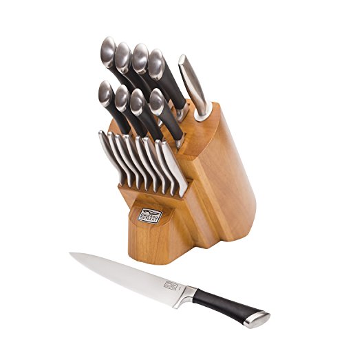 steel knife set in wooden counter block