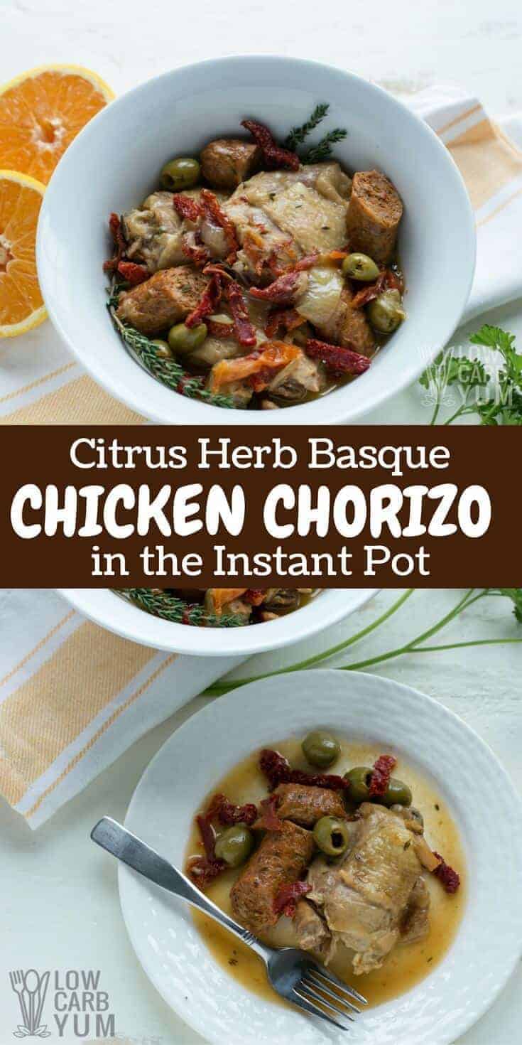A delightful citrus herb chicken chorizo dish that's meant to share. It's seasoned with sun-dried tomatoes, orange juice, floral thyme and salty olives. #pressurecooker #InstantPot | LowCarbYum