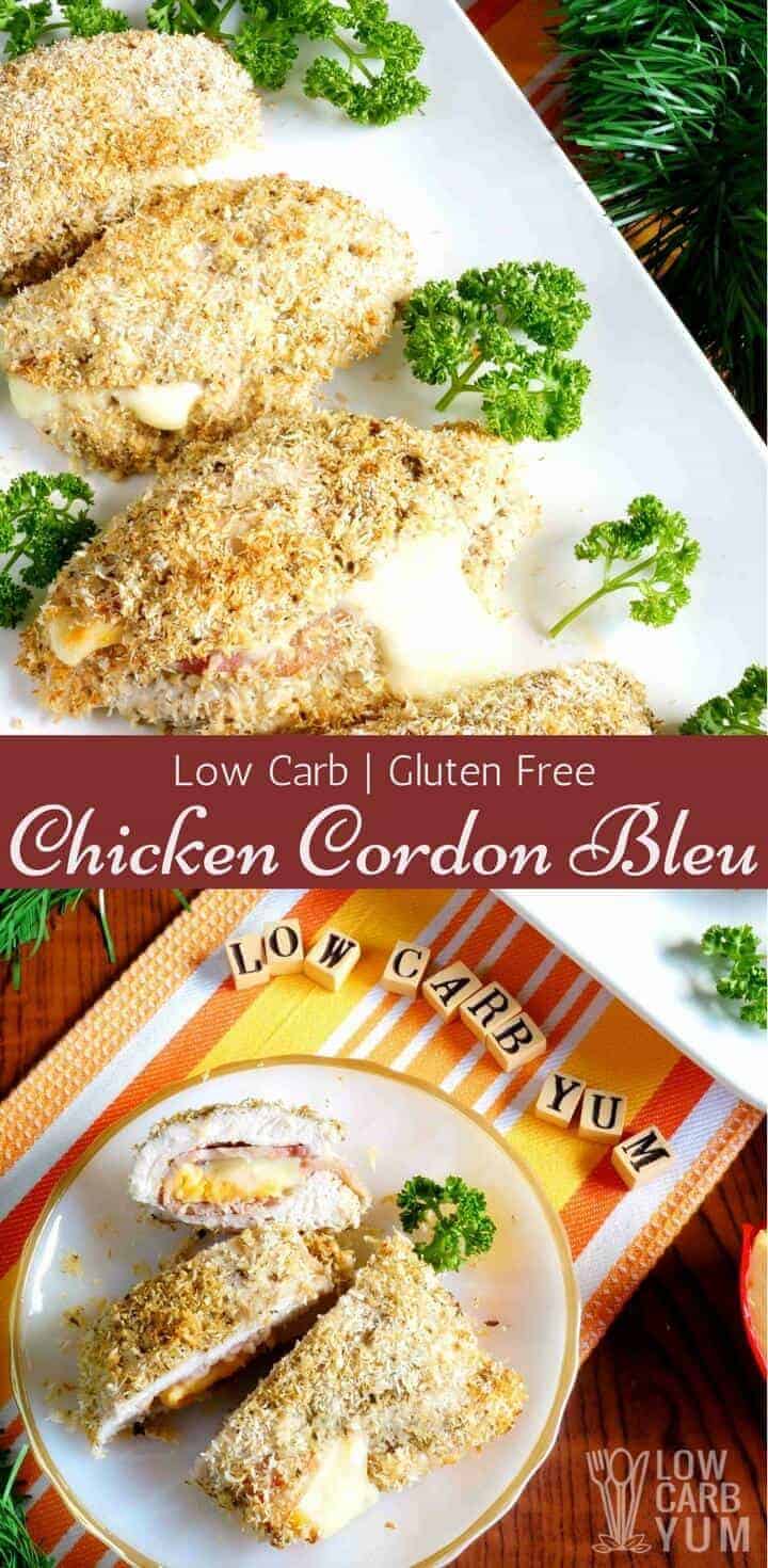 A delicious keto low carb chicken cordon bleu with a crisp coconut coating. It's an easy entree that's elegant enough to serve on holidays!