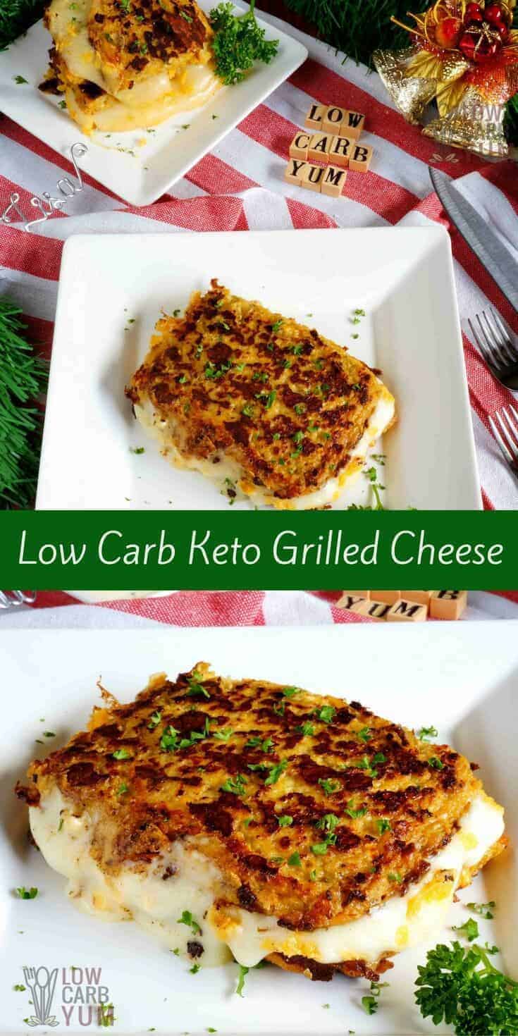 Riced cauliflower is used to make bread slices for easy low carb keto grilled cheese sandwiches. It's a tasty way to sneak in a healthy vegetable. #keto #lowcarb #grilledcheese | LowCarbYum.com