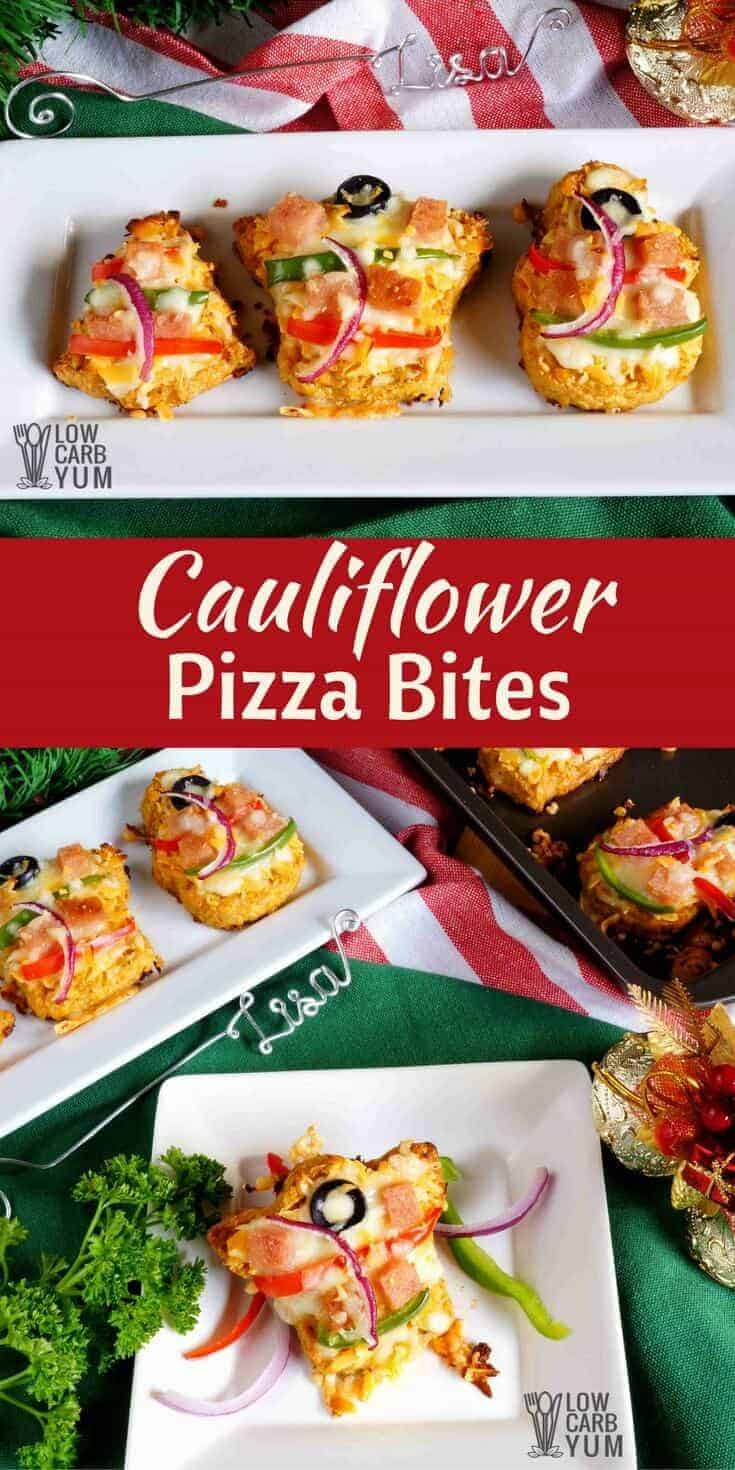 Celebrate with keto low carb cauliflower pizza bites made in festive shapes. They can even be prepared in advanced and heated just before serving. #keto #lowcarb #ketorecipe | LowCarbYum.com
