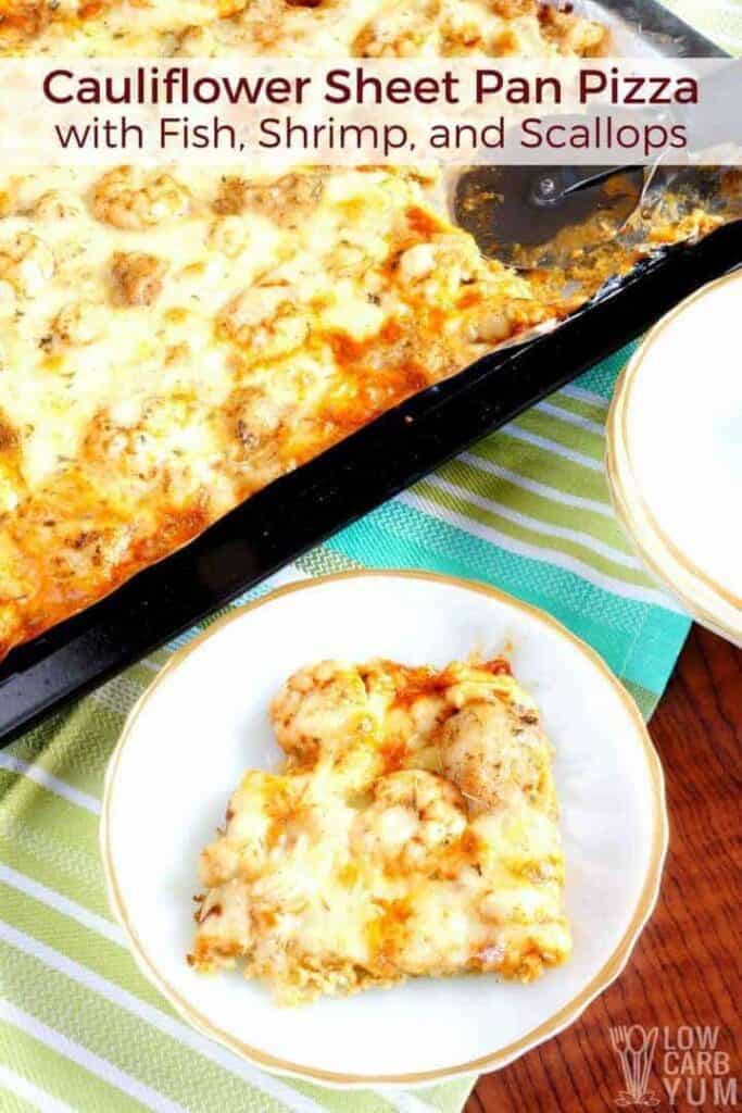 Low carb cauliflower sheet pan pizza with seafood