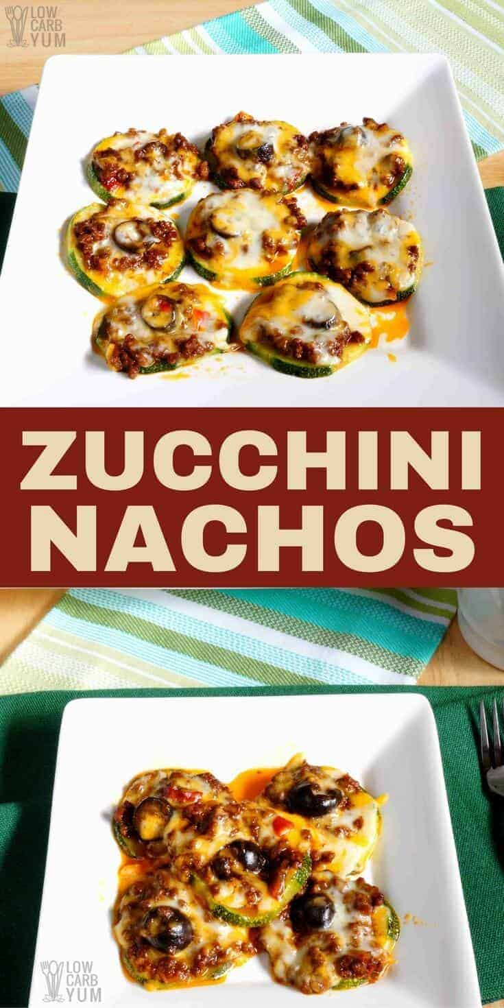 It's easy to make healthy zucchini nachos baked with leftover no bean chili. These low carb nachos make a great keto snack or appetizer that's quick to prepare. #ketorecipe #keto #lowcarb #chili | LowCarbYum.com