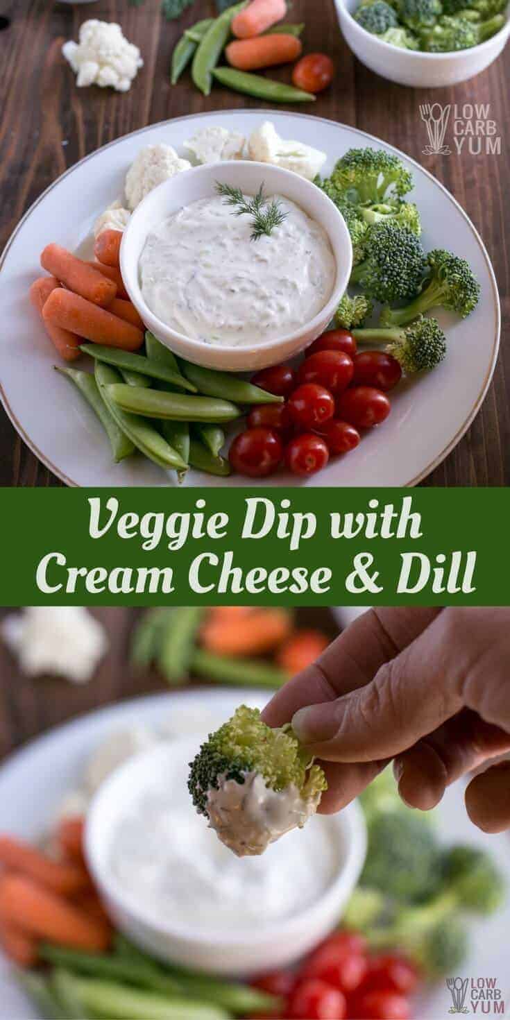 A simple dill veggie dip with cream cheese and grated cucumbers. Pair it with raw vegetables for an easy appetizer any time. #easyrecipe #lowcarb #ketorecipe | LowCarbYum.com
