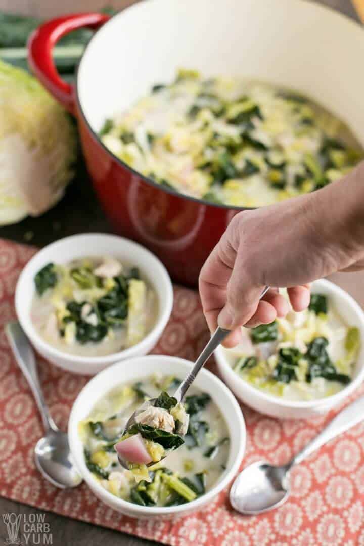 Paleo cream of turkey soup with cabbage and kale