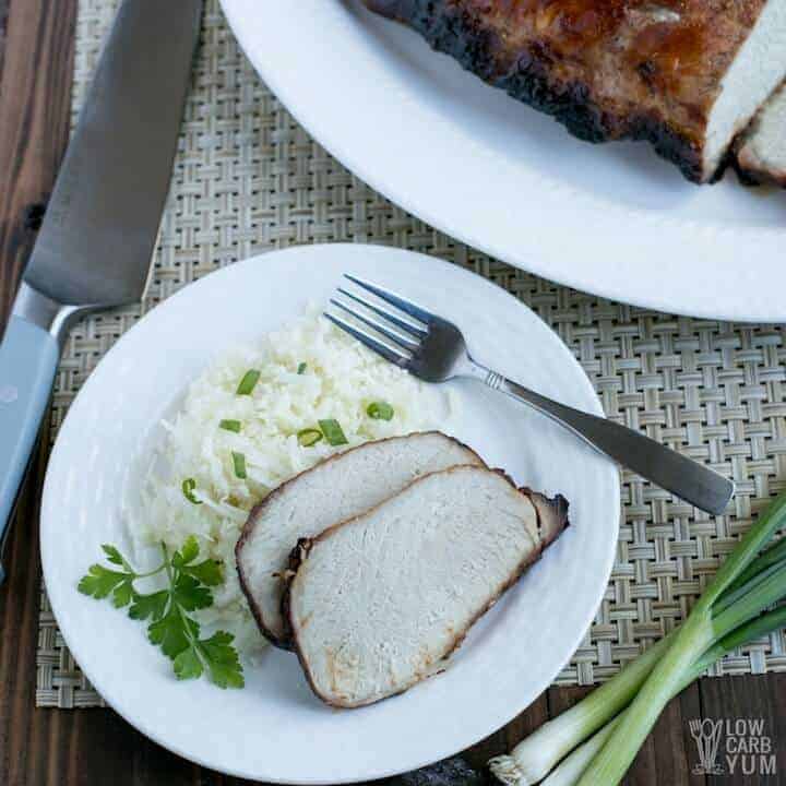 Easy low carb keto friendly char siu Chinese BBQ pork recipe made in the oven without sugar