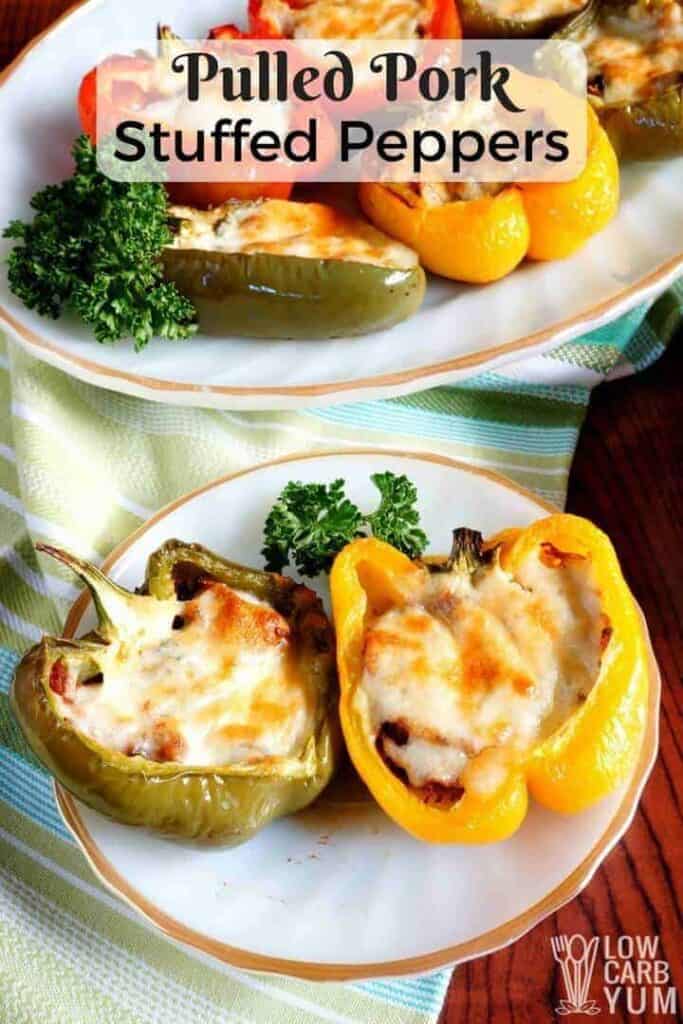 Low carb pulled pork stuffed peppers without rice recipe. #lowcarb #keto #ketorecipe #stuffedpeppers | LowCarbYum.com