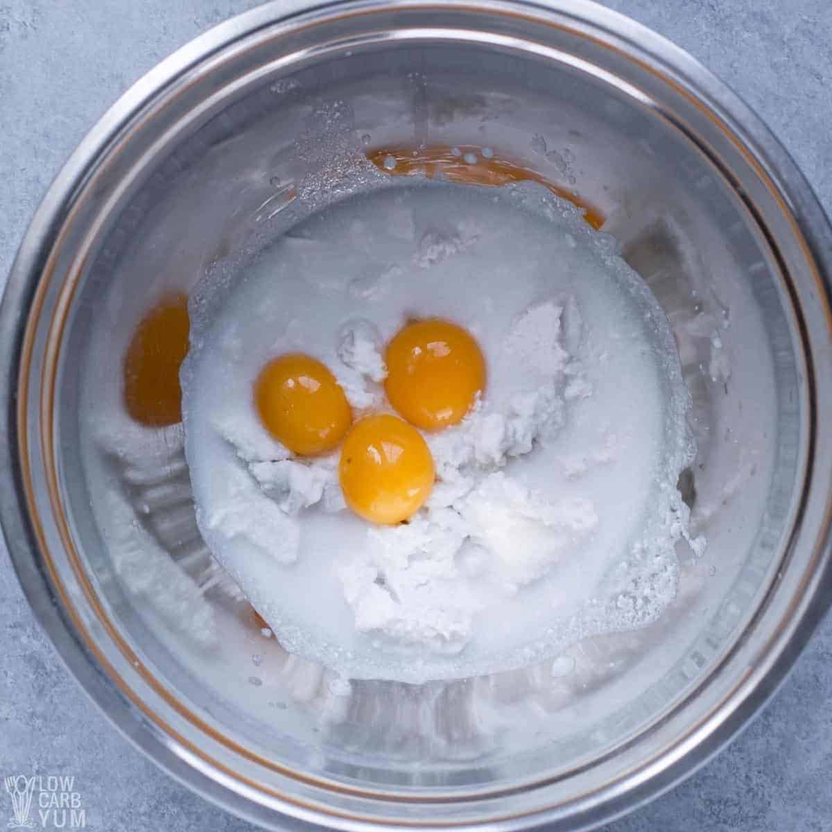 lemon custard ingredients in mixing bowl.