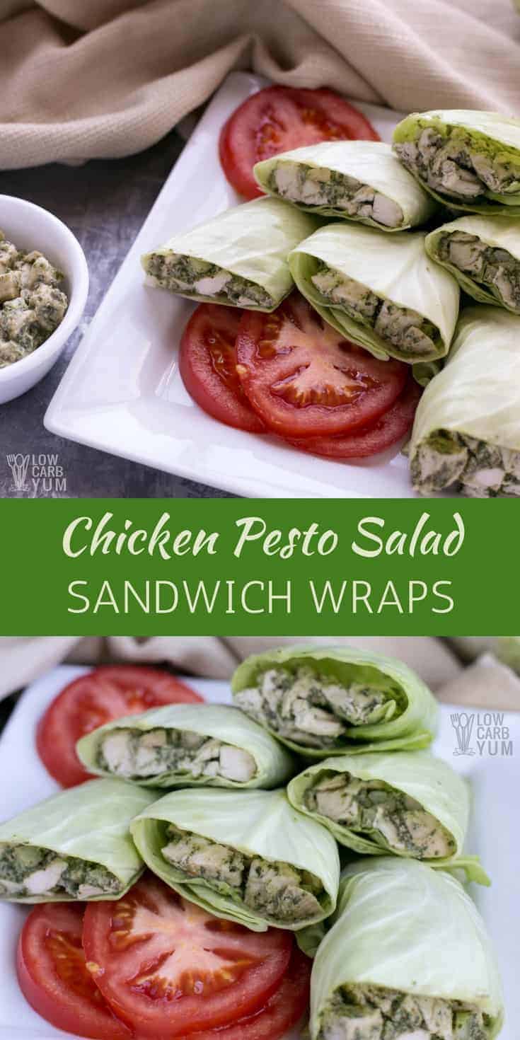A simple pesto chicken salad wrap recipe that whips up in a jiffy. Using cabbage or lettuce leaves makes it low carb and paleo friendly. And it packs well in a lunch bag for work. #paleo #lowcarb #keto #ketorecipes #chickensalad | LowCarbYum.com