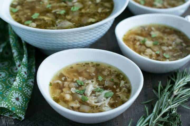 Chicken soup served in white bowls