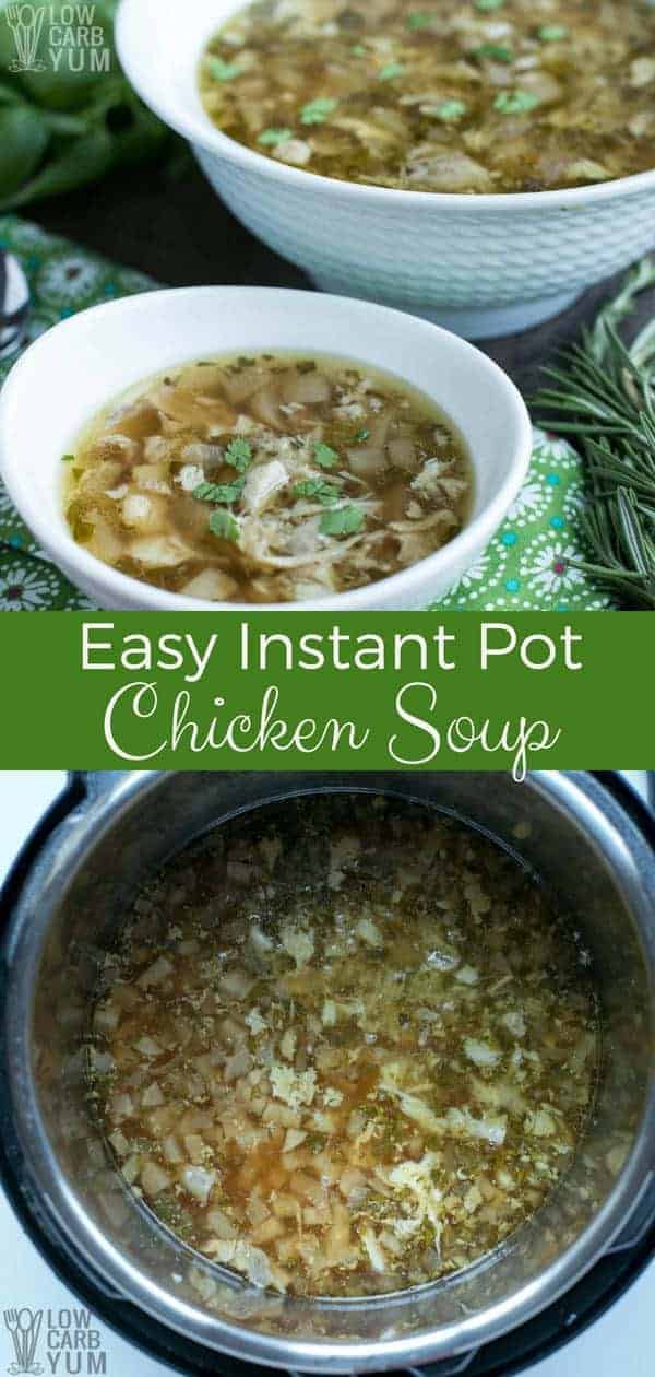 Need a simple yet savory instant pot chicken thighs soup recipe? You're in luck. The best thing is that prep time is only 10 minutes. So you'll be enjoying a hearty, delicious and nutritious meal before you know it. #InstantPot #chickensoup #PressureCooker #lowcarb | LowCarbYum.com