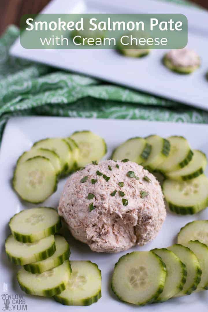 Smoked salmon pate with cream cheese on plate with cucumber slices