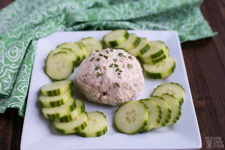 salmon pate spread onto cucumber slices