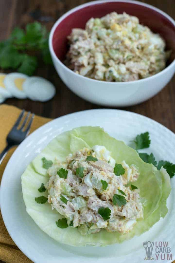 low carb tuna salad on lettuce leaf