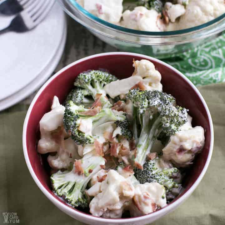 Small bowl of Amish broccoli cauliflower salad recipe