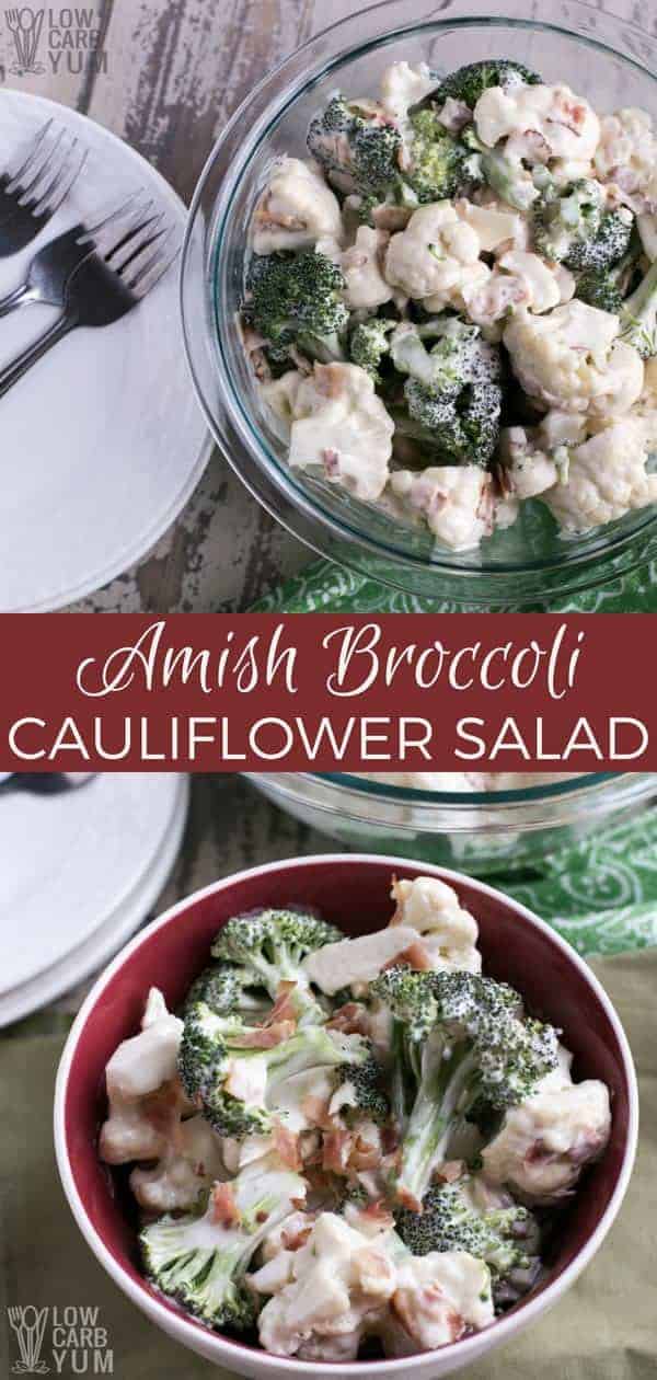 Invited to a pot-luck party but don't want to spend a lot of time preparing a healthy dish? Try this Amish broccoli cauliflower salad recipe. #broccoli #cauliflower #lowcarb #ketorecipe #salad | LowCarbYum.com