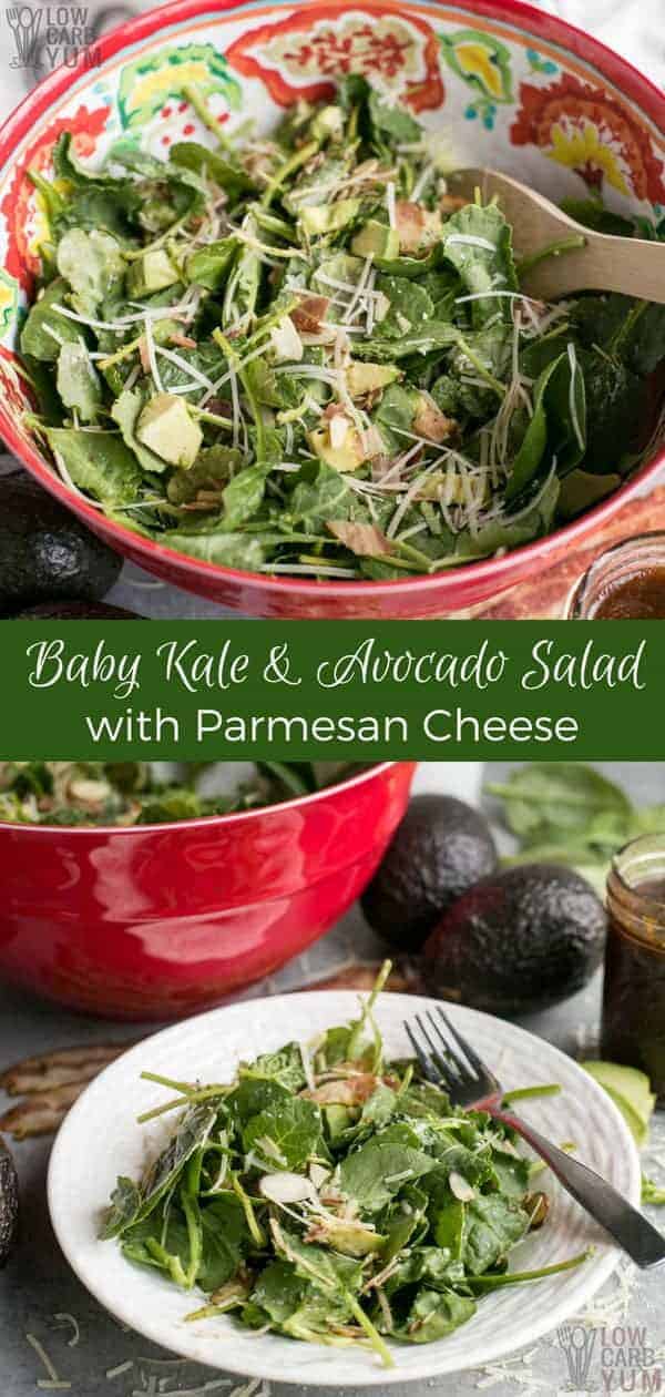 Want to make a yummy, healthy salad in a flash? This recipe for baby kale avocado salad with parmesan takes only minutes to have prepare! #easyrecipe #kale #avocado #salad #lowcarb | LowCarbYum.com