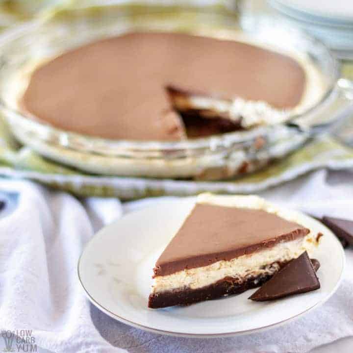 Slice of easy no bake chocolate peanut butter pie