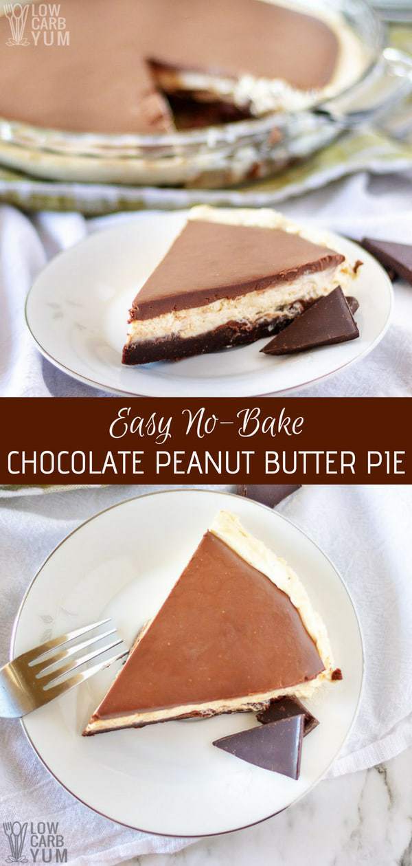 What could be more heavenly than a low carb pie that requires no oven? With this easy no bake chocolate peanut butter pie recipe, it's as easy as pie. #nobake #ketopie #lowcarb #keto #ketorecipes #peanutbutter | LowCarbYum.com