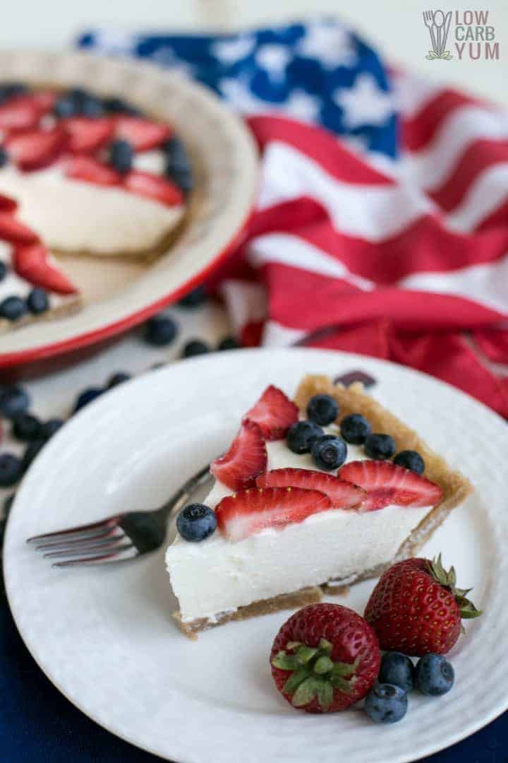 Slice of no bake cheesecake on plate with fresh strawberries and blueberries