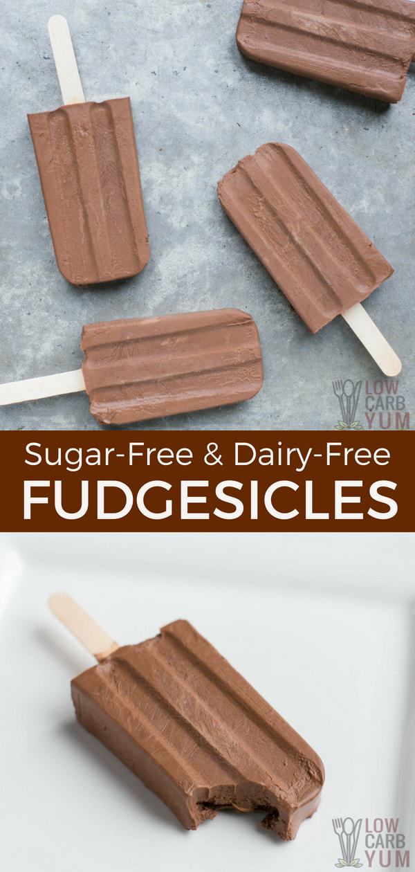 Beat the heat with some frozen treats. Here's how to make sugar free fudgesicles that taste great but only have 5 grams of net carbs. And, they are dairy-free! #lowcarb #sugarfree #keto #dairyfree #fudgesicles | LowCarbYum.com