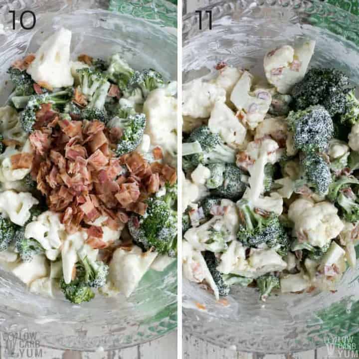 Final steps for making an Amish broccoli cauliflower salad recipe