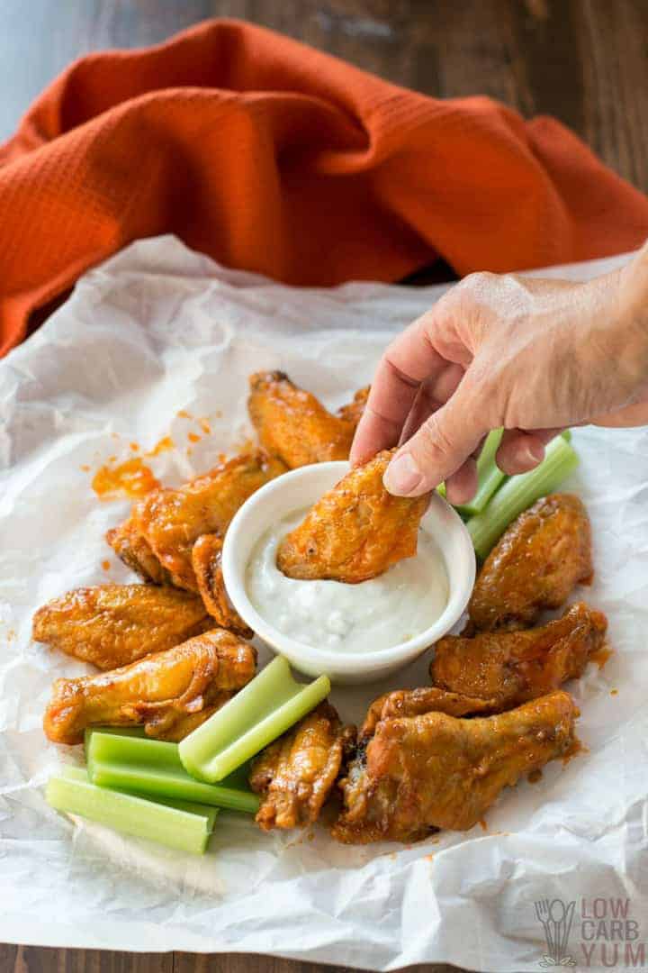 Blue cheese dressing served with Buffalo air fryer chicken wings