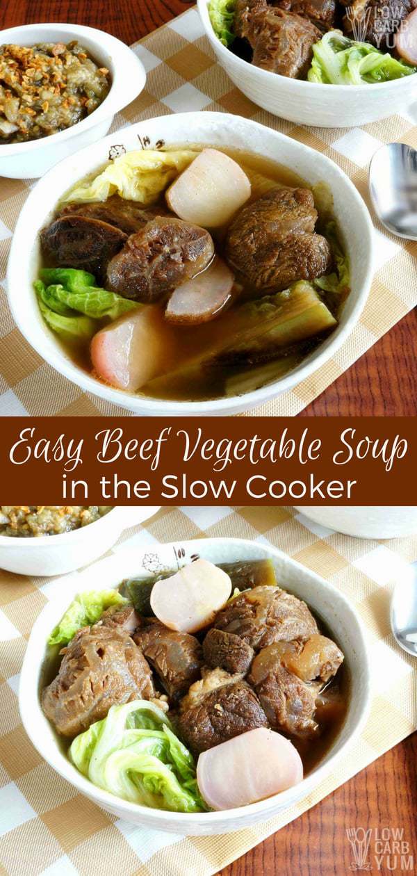Craving something hearty and warming? And doesn't take a lot of prep time? Learn how to make this easy vegetable beef soup, based on a Filipino recipe. #crockpot #slowcooker #soup #beefsoup #FilipinoRecipe | LowCarbYum.com