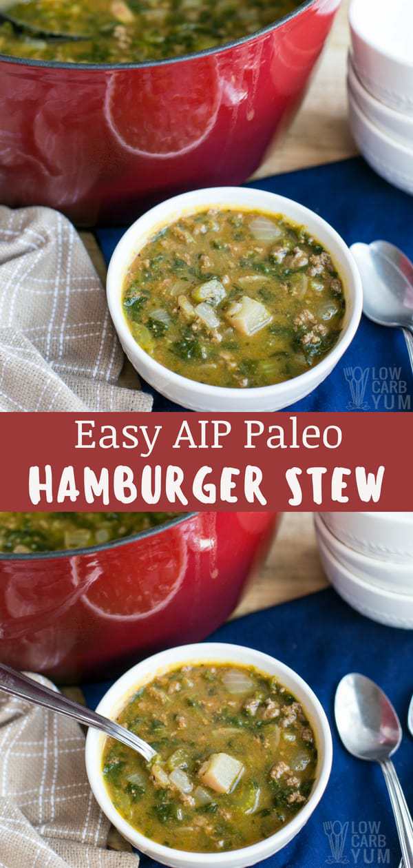 Looking for an easy hamburger stew recipe? Here's one that's AIP Paleo-friendly and even safe for those managing autoimmune disorders. #AIP #paleo #AIPpaleo #lowcarb #hamburger #lowcarbstew #hamburgerstew #hamburgersoup #groundbeef | LowCarbYum.com