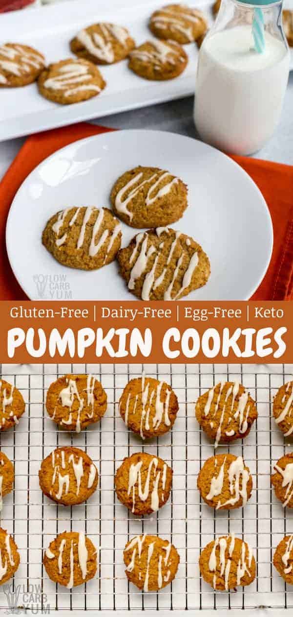 Any time of year is perfect for making some gluten free pumpkin cookies. They taste great but only have one gram of carbs per serving. #glutenfree #dairyfree #eggfree #paleo #lowcarb #keto #pumpkincookies | LowCarbYum.com