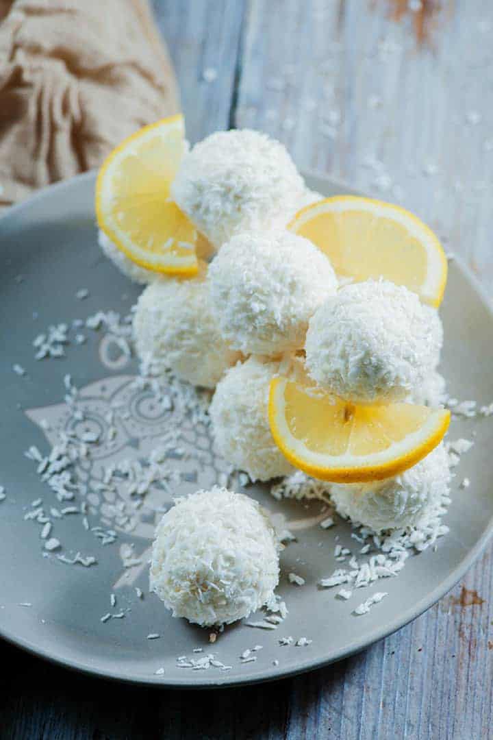 Lemon coconut cream cheese balls for keto snack in place of popcorn
