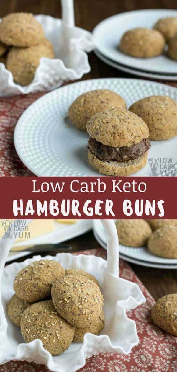Lettuce wraps are great but a true burger needs to have a bun. Here's how to make low carb keto hamburger buns easily at home with little prep time! #lowcarb #ketorecipes #lowcarbbread #hamburgerbuns #ketobuns #ketorolls #keto | LowCarbYum.com
