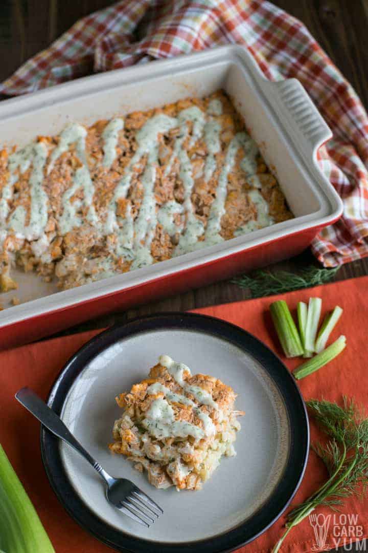 Serving the low carb paleo buffalo chicken casserole