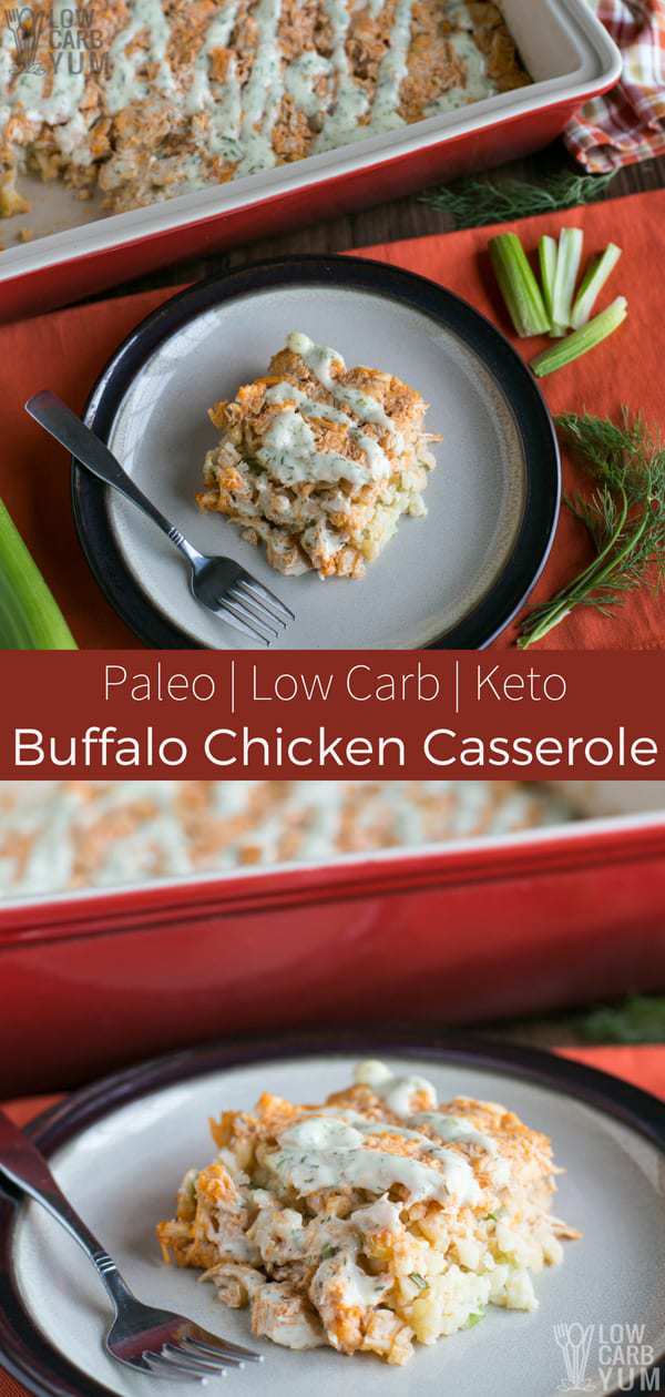 A healthy low carb paleo buffalo chicken casserole is perfect for sharing with friends and family on game days. It's sure to score a win! #lowcarb #keto #chicken #chickencasserole #ketorecipes #weightwatchers #Atkins | LowCarbYum.com