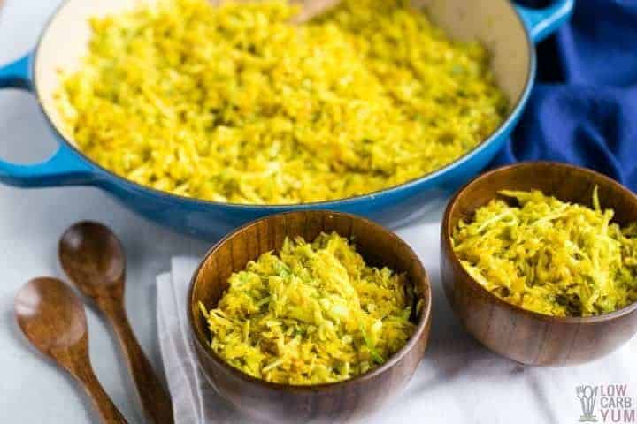 Serving turmeric cabbage rice in bowls