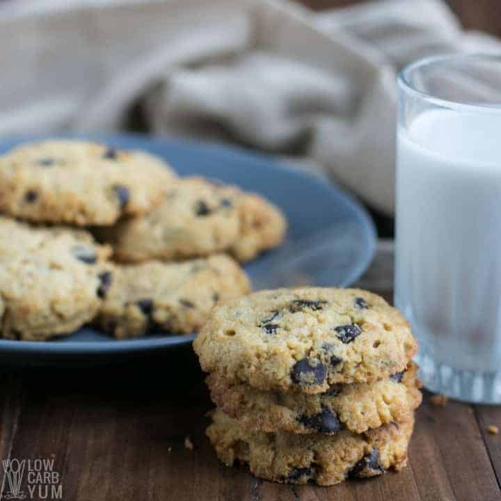 Stack of keto coconut flour chocolate chip cookies