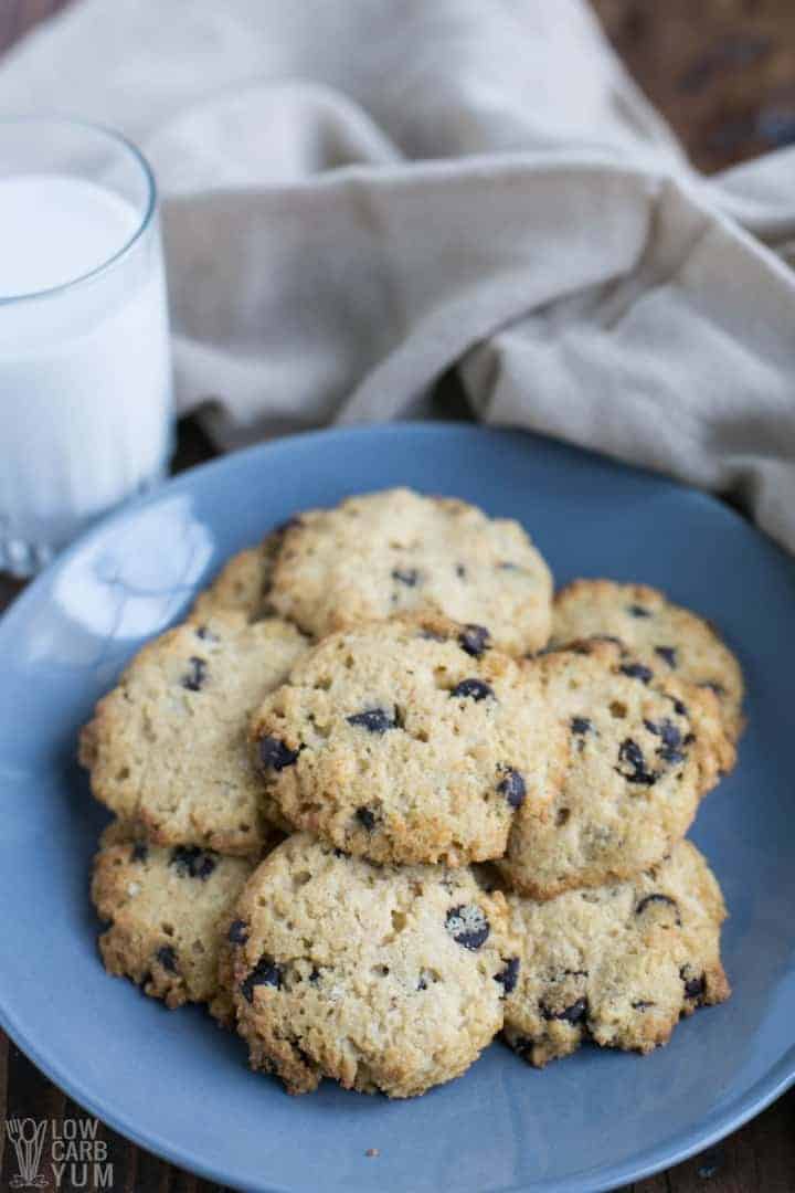 Plate of low carb coconut flour chocolate chip cookies
