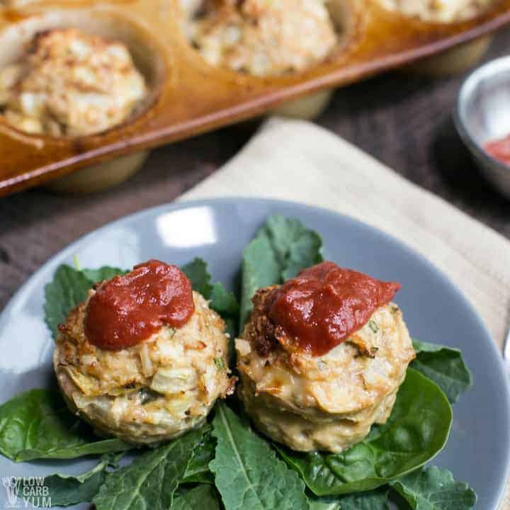 Ground turkey meatloaf muffins served with low carb keto ketchup