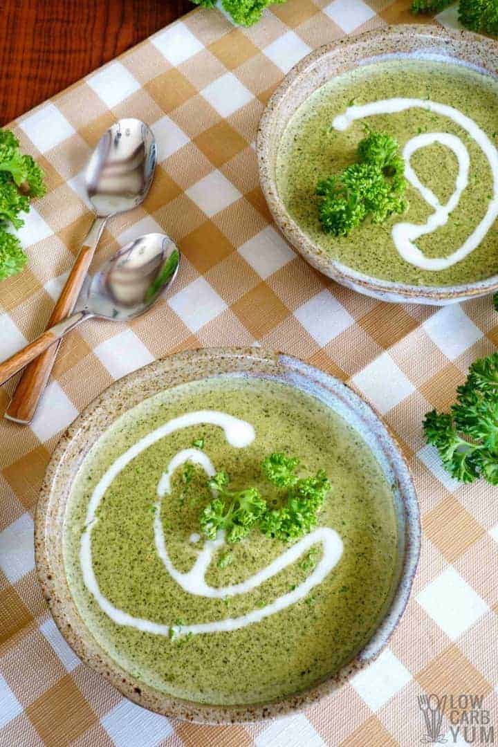 Indian Palak soup in stoneware bowls on a checkered placemat