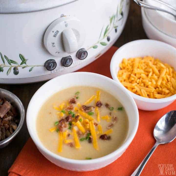 Recipe for low carb keto creamy cauliflower cheddar soup in the crock pot
