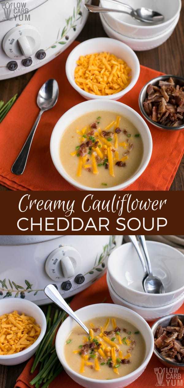 A creamy cauliflower cheddar soup recipe that requires little prep time and cooks up right in the slow cooker. And it's low carb and keto friendly. #lowcarb #keto #ketorecipes #soup #ketosoup #lowcarbsoup #weightwatchers #Atkins #glutenfree | LowCarbYum.com