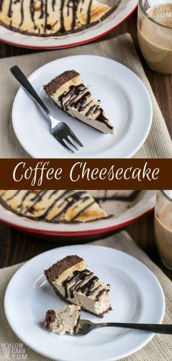 A simple baked chocolate coffee cheesecake pie that's gluten-free and keto friendly. It's a classic dessert for any java lover! #ketorecipes #cheesecake #lowcarb #lowcarbdesserts #ketodesserts #Atkins | LowCarbYum.com