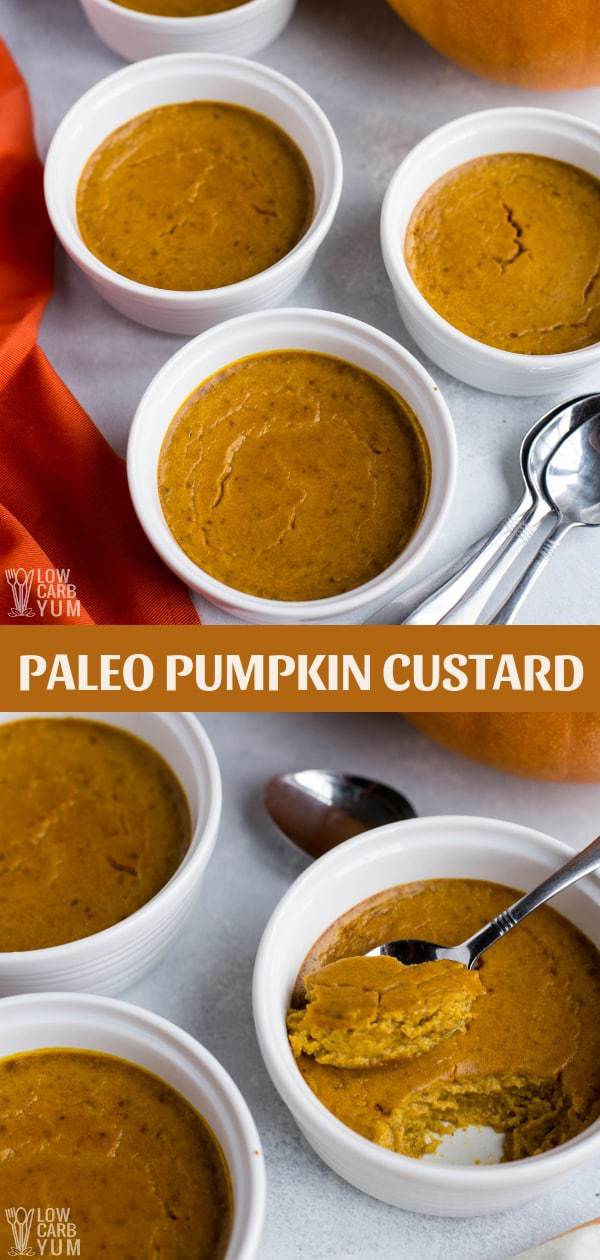 Giving up dairy and sugar doesn't mean you can't enjoy fall treats. Check out this healthy paleo pumpkin custard recipe that's also low carb and keto. #pumpkin #dairyfree #keto #ketorecipes #glutenfree #lowcarb #weightwatchers #Atkins #custard #pumpkincustard #sugarfree | LowCarbYum.com