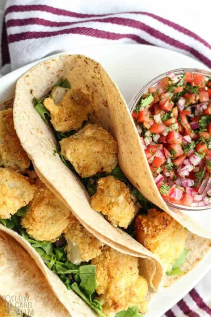 Top view of the breaded fish in the low carb tortillas