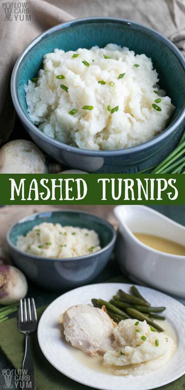 Need an alternative to potatoes that's paleo, low carb, and keto friendly? Try mashed turnips which have a bit more flavor than other options. #lowcarb #keto #ketorecipes #holidayrecipes #paleo #AIP #lowcarbrecipes #ketosidedishes #lowcarbsidedishes #weightwatchers #Atkins #turnips | LowCarbYum.com