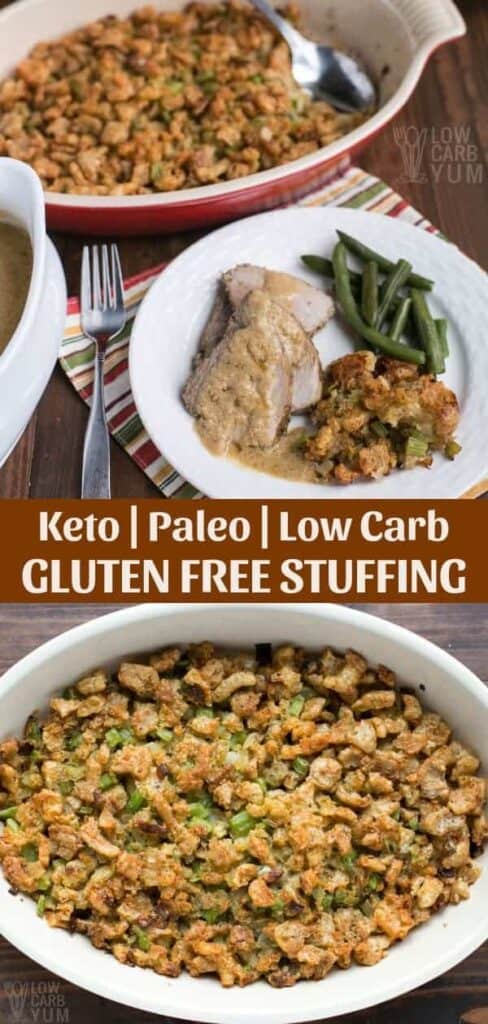Gluten free paleo low carb stuffing for a keto friendly Thanksgiving. #lowcarb #Thanksgiving #keto #ketorecipes #glutenfree #paleo #weightwatchers #SouthBeach #Atkins #stuffing | LowCarbYum.com