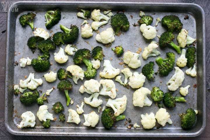 Broccoli and cauliflower in pan after roasting