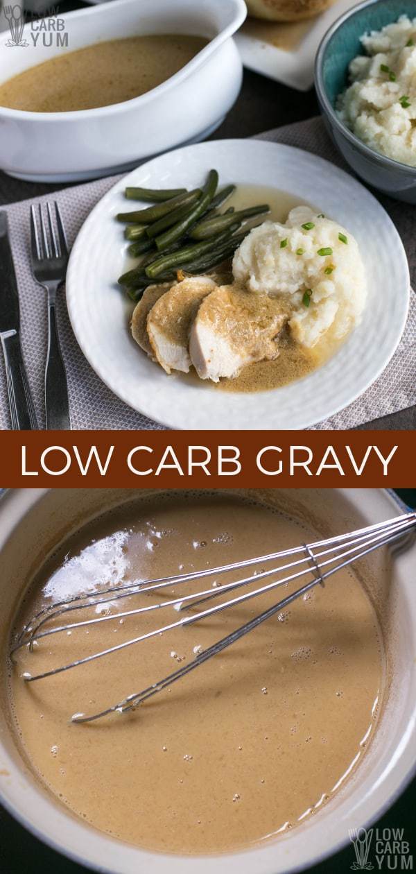 Are you looking for a low carb keto gravy recipe that doesn't use xanthan gum? Here's how to use egg yolks as a thickener for homemade gravy. #lowcarb #lowcarbmeal #lowcarbdinner #lowcarbrecipes #keto #ketorecipes #ketomeal #ketodinner #weightwatchers #Atkins #gravy #glutenfree | LowCarbYum.com