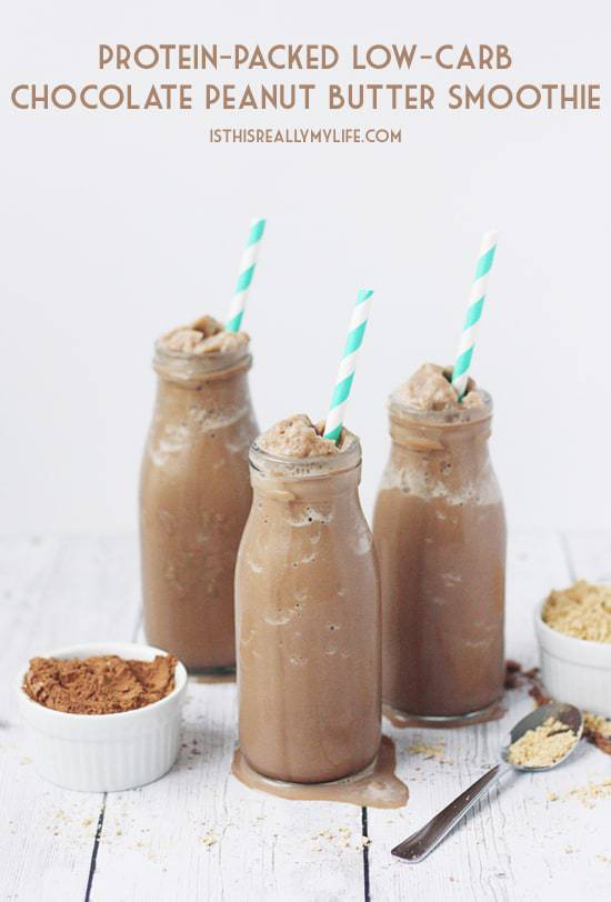 3 protein packed chocolate peanut butter low carb smoothies in glass milk bottles